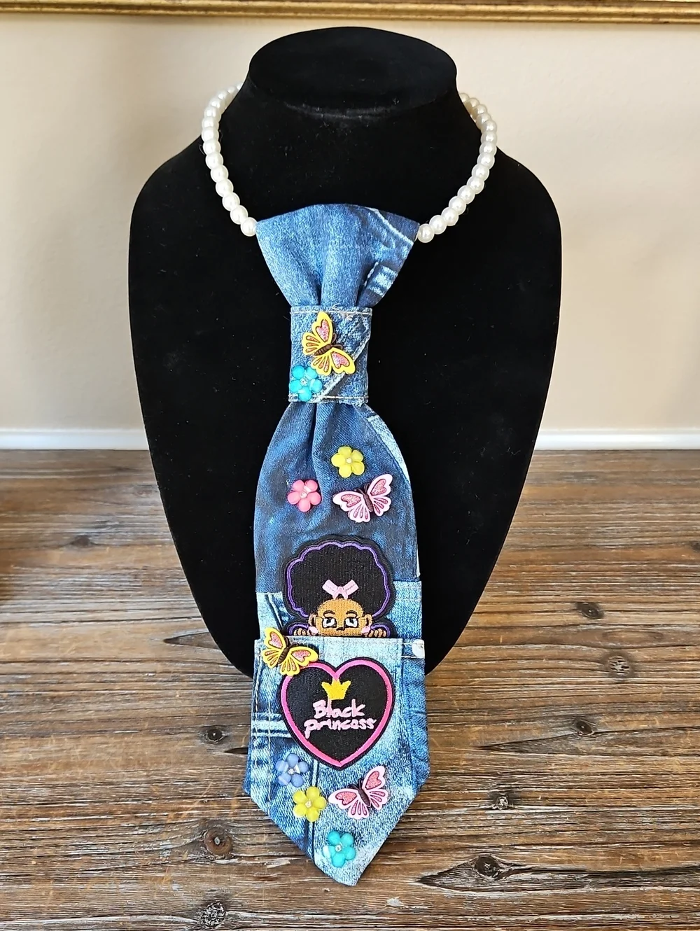 Kids Custom made Denim Tie with Colorful Butterflies & 'Black Princess' Patch